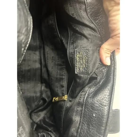 Polo Ralph Lauren Black Leather Tote Shoulder Bag Gold Hardware Classic - Picture 12 of 16